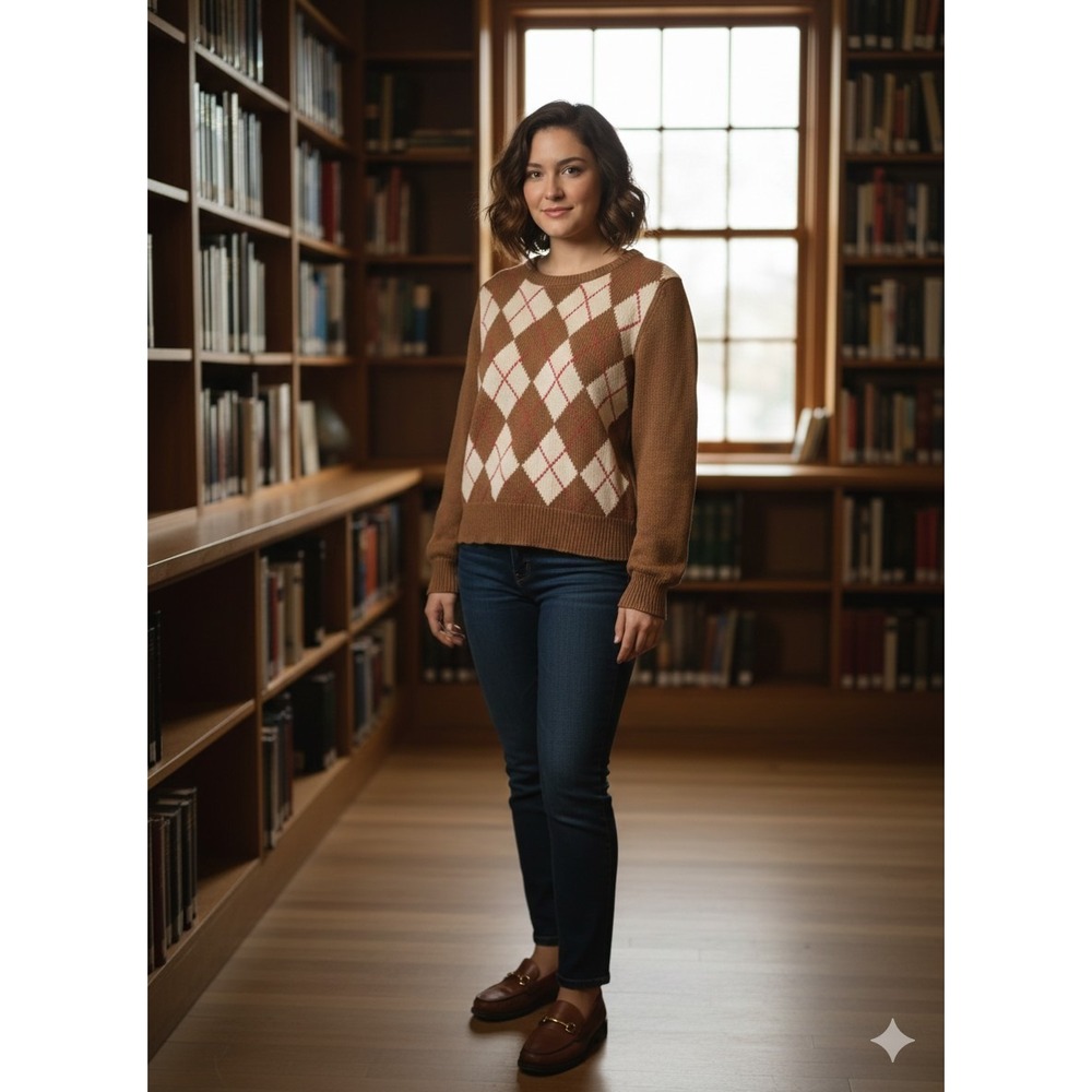 Marisa Christina Medium Brown Argyle Sweater Hand Knit Cotton Academia Preppy